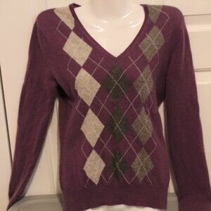 Apt 9 Cashmere Sweater Argyle Preppy Academia V-Neck Long Sleeve Purple Medium